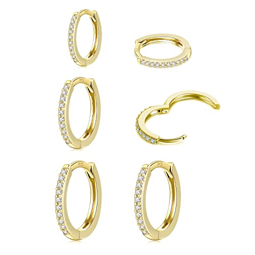 HUABOLA CALYN 3 Paar Creolen Silber 925, Silber Gold Creolen Silber 925 Klein Set für Damen Herren Mädchen in 8/10/12mm, Hypoallergen Ohrringe Gold Set mit AAA Zirkonia Schmuck von HUABOLA CALYN