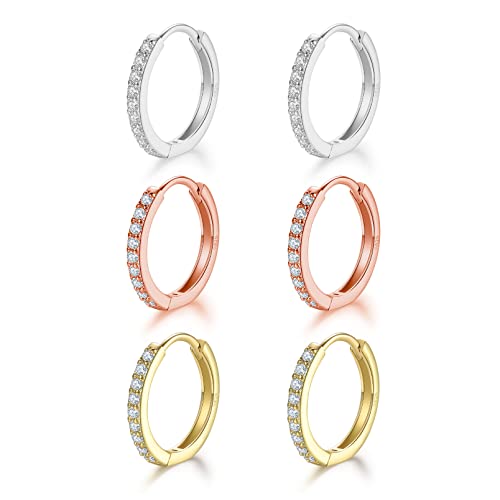 HUABOLA CALYN 3 Paar Creolen Silber 925, Silber Gold Rosegold Creolen Silber 925 Klein Set für Damen Herren Mädchen in 12mm, Hypoallergen Ohrringe Gold Set mit AAA Zirkonia Schmuck von HUABOLA CALYN