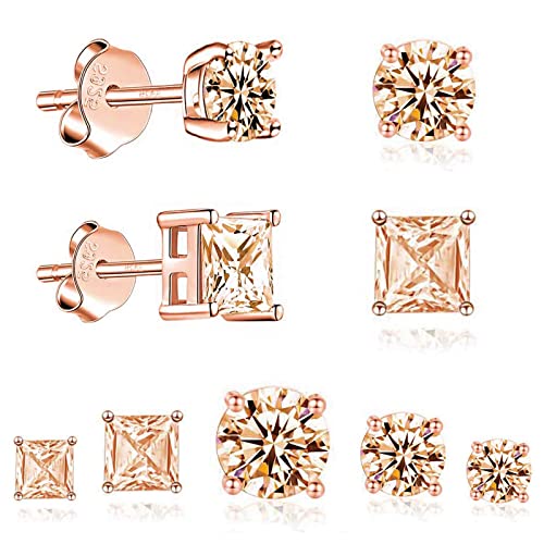 HUABOLA CALYN 5 Paar Silber 925 Ohrringe für Damen, Klein Rosegold Ohrstecker Set mit AAA+ Zirconia, Schlafen Knorpel Ohrstecker für Mädchen Herren-3/4/5/6/8mm von HUABOLA CALYN