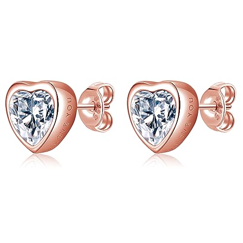 Ohrstecker Silber 925 Rosegold Ohrringe Damen, 6mm "I LOVE YOU" Herz Ohrstecker mit Zirkonia, Knorpel Ohrstecker Schmuck für Frauen Mädchen von HUABOLA CALYN