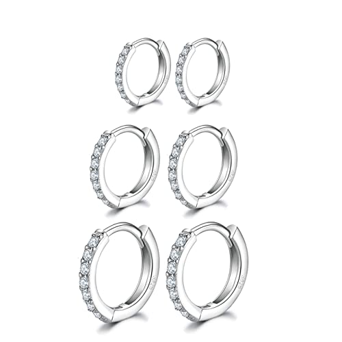 HUABOLA CALYN 3 Paar Creolen Silber 925, Silber Gold Creolen Silber 925 Klein Set für Damen Herren Mädchen in 8/10/12mm, Hypoallergen Ohrringe Gold Set mit AAA Zirkonia Schmuck von HUABOLA CALYN