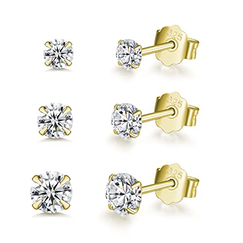 Silberne Ohrstecker für Damen | 925 Sterling Silber Ohrstecker Set | Kleine Helix Tragus Knorpel Ohrringe | 3 Paar Zirkonia Gold Ohrstecker für Frauen Mädchen (2/3/4 mm) von HUABOLA CALYN