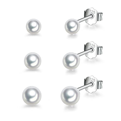 Silberne Perlen Ohrstecker für Damen | 925 Sterling Silber Ohrstecker Set | Kleine Helix Tragus Knorpel Ohrringe | 3 Paar Zirkonia Ohrstecker für Frauen Mädchen (3/4/5 mm) von HUABOLA CALYN
