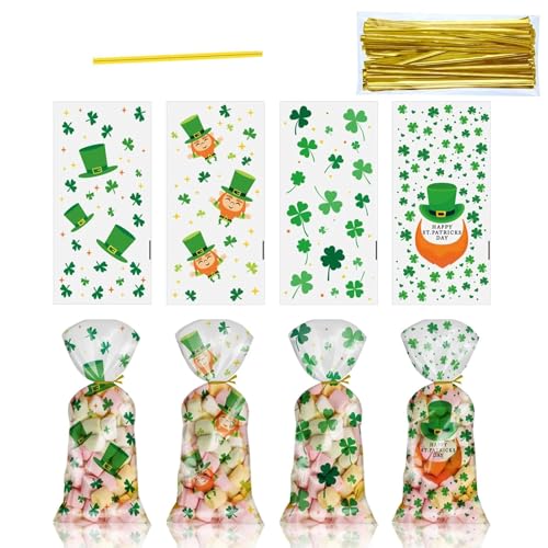 HUAEDNWKYI 100er Set St. Patricks Day Zellophanbeutel - Grüner Klee & Leprechaun Motive, mit Drehbändern, Partyzubehör für irische Feierlichkeiten, für Partygeschenke & Leckereien，13x27 cm von HUAEDNWKYI