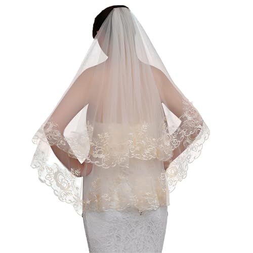 HUAEDNWKYI Schleier Braut Hochzeit Spitze Applikationen Kurzer Brautschleier lagiger weicher Tüll Brautschleier mit Kamm für Frauen Bräute Halloween Braut Kostüm（Champagnerfarbe） von HUAEDNWKYI