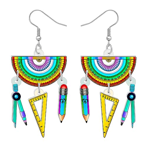 HUAGEO Tag Des Lehrers Acryl Bleistift Lineal Winkelmesser Ohrringe Doppelseitigen Druck Buntstifte Schere Dangle Zurück zu Schule Mode Schmuck für Frauen Lehrer Charms Geschenke (Multi) von HUAGEO