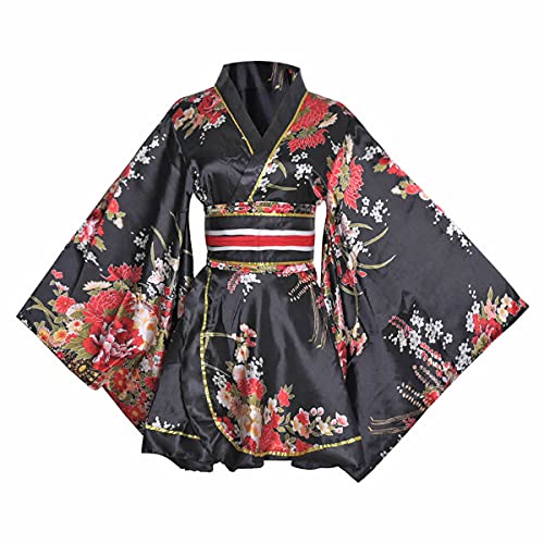 HUAHUA Damen Sexy Kurz Kimono Kleid Blumendruck Japanische Traditionelle Geisha Yukata Bademantel Rock Gürtel Outfit, D01-schwarz, Einheitsgröße von HUAHUA