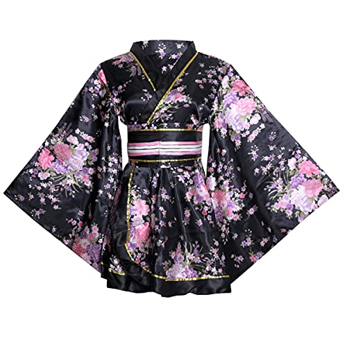 HUAHUA Damen Sexy Kurz Kimono Kleid Blumendruck Japanische Traditionelle Geisha Yukata Bademantel Rock Gürtel Outfit, D02-schwarz, Einheitsgröße von HUAHUA