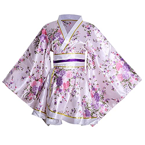 HUAHUA Damen Sexy kurzes Kimono-Kleid mit Blumendruck, japanischer traditioneller Geisha-Yukata-Bademantel, Rock, Gürtel-Outfit (D02-Weiß, Einheitsgröße) von HUAHUA