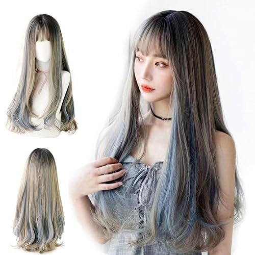 HUAISU Lange schwarze Perücke mit Pony, Naturhaar, für Damen, Cosplay-Perücke (blond) von HUAISU