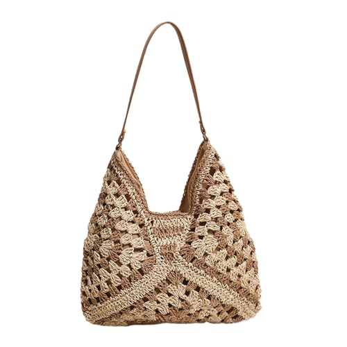 HUAJINGKEJI Damen Strohtasche Mädchen Aushöhlen Schultertasche Strandtasche Mode Seasid Handtasche für Urlaub Arbeit, coffee, Size: Top Length 33CM Height 27CM von HUAJINGKEJI
