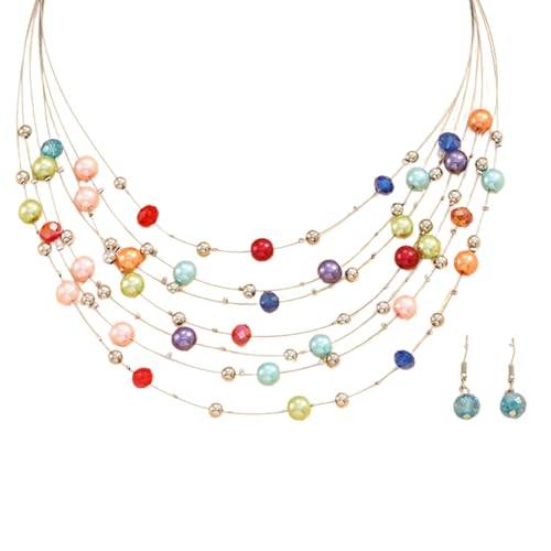 HUAJINGKEJI Modischer Schmuck, elegantes mehrfarbiges Perlenschmuck-Set, festliche Damen-Halskette und Ohrringe, Schmuck-Set mit mehrschichtigen Kristallperlen, 44 cm, Kunstperlen-Glas von HUAJINGKEJI