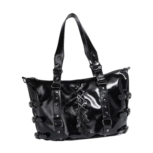 HUAJINGKEJI Retro Motorrad Punk Nieten Bandage Unterarmtasche für Frauen Große Kapazität PU Leder Reißverschluss Schulter, Schwarz , As shown in the picture (error 1-3cm) von HUAJINGKEJI