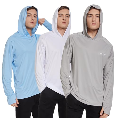 HUAKANG 3er Pack Herren Langarm Rashguard Kapuzenpullover UPF50+ Shirt Rashguard Angelbekleidung UV Sonnenschutz Surfen Schwimmen Running-0610-Blue White Grey-M von HUAKANG