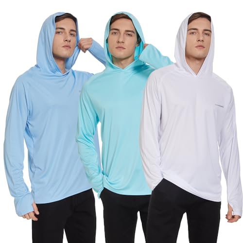 HUAKANG 3er Pack Herren Langarm Rashguard Kapuzenpullover UPF50+ Shirt Rashguard Angelbekleidung UV Sonnenschutz Surfen Schwimmen Running-0610-Blue White Lake-XL von HUAKANG