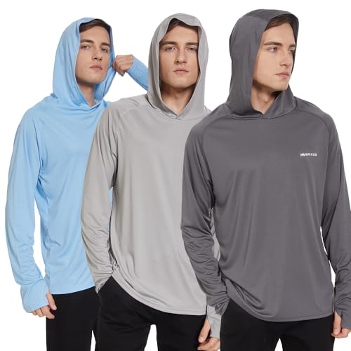 HUAKANG 3er Pack Herren Langarm Rashguard Kapuzenpullover UPF50+ Shirt Rashguard Angelbekleidung UV Sonnenschutz Surfen Schwimmen Running-0610-Grey Blue DarkGrey-2XL von HUAKANG