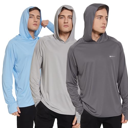 HUAKANG 3er Pack Herren Langarm Rashguard Kapuzenpullover UPF50+ Shirt Rashguard Angelbekleidung UV Sonnenschutz Surfen Schwimmen Running-0610Grey Blue Darkgrey-XL von HUAKANG