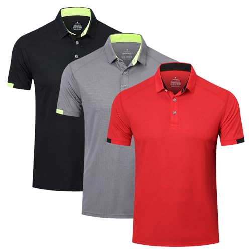 HUAKANG 3er Pack Poloshirt Herren Kurzarm Schnelltrocknend Atmungsaktives Casual Polohemd Tennis Polo Shirts Männer Sommer Outdoor Sports Golf T-Shirt 0506-Black Grey Red-M von HUAKANG