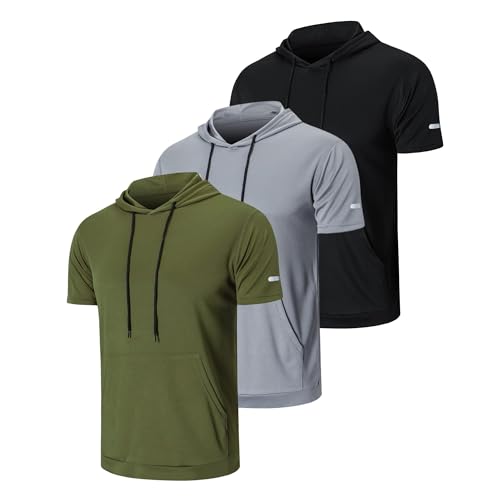 HUAKANG 3er Pack Sport Shirt Männer Sport Tshirts Herren Schnelltrocknend Atmungsaktiv Laufshirt Kurzarm Sport Fitness Hoodie mit Handytaschen(550-Black Gray Green-2XL) von HUAKANG