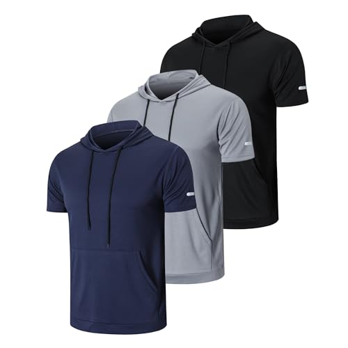 HUAKANG 3er Pack Sport Shirt Männer Sport Tshirts Herren Schnelltrocknend Atmungsaktiv Laufshirt Kurzarm Sport Fitness Hoodie mit Handytaschen(550-Black Gray Navy-L) von HUAKANG