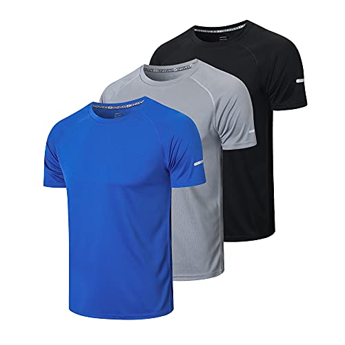 HUAKANG 3er Pack Sport Tshirts Herren Funktionsshirt Sportshirt Schnelltrocknend Atmungsaktiv Sport Shirt Männer Laufshirt Kurzarm Trainingsshirt Herren(520-Black Gray Blue-2XL) von HUAKANG