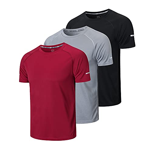 HUAKANG 3er Pack Sport Tshirts Herren Funktionsshirt Sportshirt Schnelltrocknend Atmungsaktiv Sport Shirt Männer Laufshirt Kurzarm Trainingsshirt Herren(520-Black Gray Red-2XL) von HUAKANG