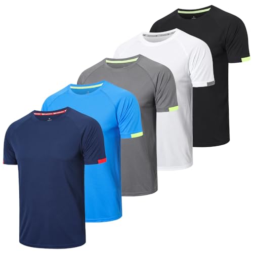 HUAKANG 5er Pack Sport Herren Tshirt Funktionsshirt Schnelltrocknend Sport T Shirts Männer Trainingsshirt Fitness Gym Running Laufshirt Kurzarm 0717-Black White Navy-L von HUAKANG