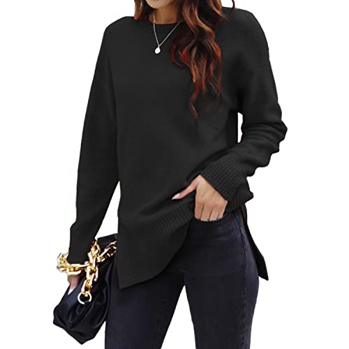 HUALIYIN Damen Rundhalsausschnitt Seitenschlitz Sweater Pullover Langarm Tunic Tops für Herbst und Winter von HUALIYIX