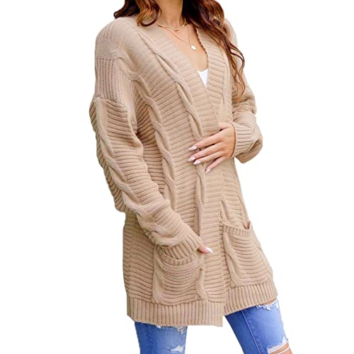 HUALIYIX Strickjacke Damen Hüftlanger Cardigan Strickmantel Mit Taschen Offene Front Langarm Zopfmuster einfarbig Für Herbest Winter von HUALIYIX