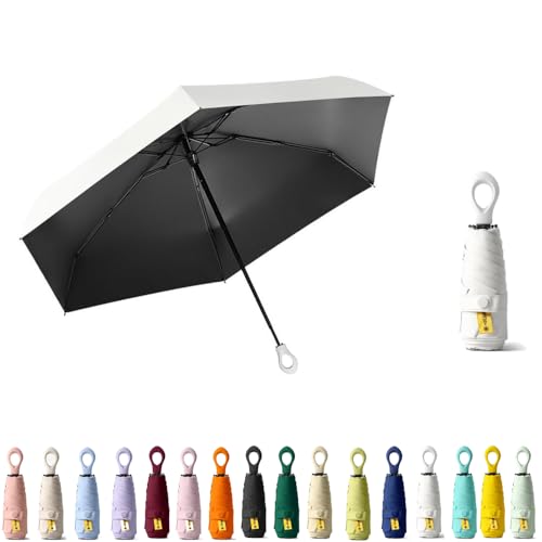 HUAMu Mini-Sonnenschirm, Reise-Regenschirm, Ringgriff, Beschichtung, Stoffblockierung/Anti-UPF 50 UV-Schutz, 99,9 % kompakt, faltbar, leicht, klein, tragbar, für Herren, Damen, Kinder, milchweiß von HUAMu