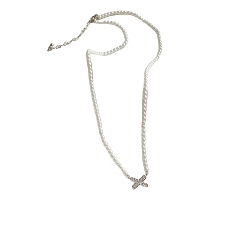 HUANGBONIG Damen-Perlenkette mit französischem Temperament, X-förmiger Zirkon-Anhänger - WN14543C von HUANGBONIG