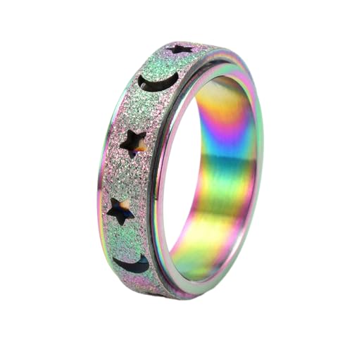 HUANGBONIG Damen Sweet Edelstahl Stern Mond drehbar mattiert hohl Ring, 10(th) von HUANGBONIG