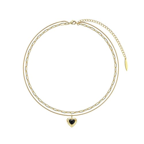 HUANGBONIG Europäische und amerikanische Retro-Halskette, doppellagig, schwarzer Achat, Liebes-Design, elegantes Temperament, doppellagig von HUANGBONIG