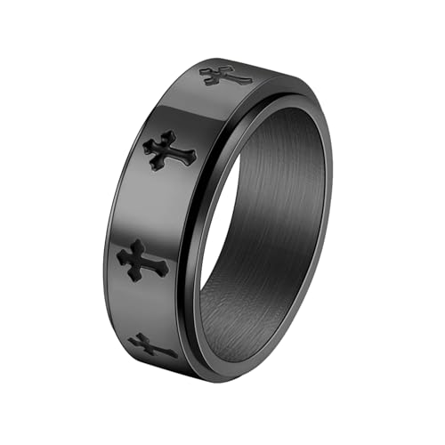HUANGBONIG Schlichtes Kreuz drehbarer Ring für Herren, Edelstahl, glatt, schwarz, modischer Ring, No. 7 von HUANGBONIG