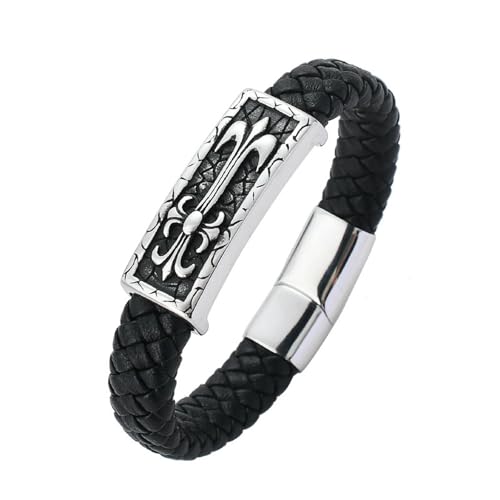 HUANGBONIG Titan Stahl Leder Gewebt Magnetschnalle Armband Herren Retro Kreuz Armband von HUANGBONIG