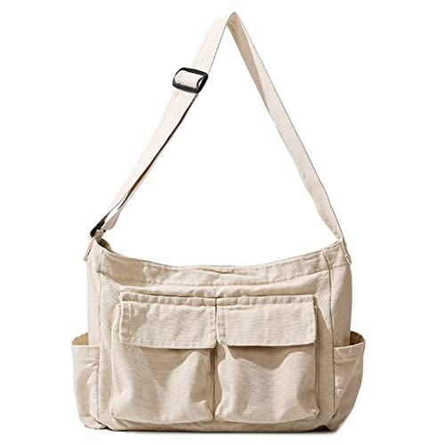 HUANIZI Damen-Schultasche, Kuriertasche für Damen, Schultertasche, solide, große Kapazität, lässige Leinentasche, beige, 46x13x25cm von HUANIZI