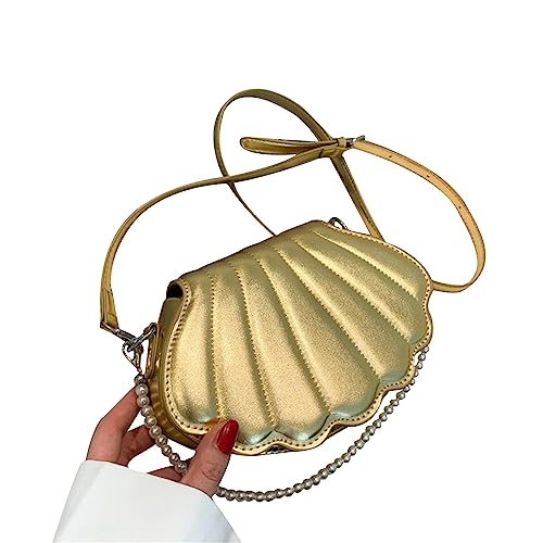 HUANIZI Damen-Umhängetasche aus Polyurethan, modische Perlenkette, Handtasche, Geldbörse, niedliche Muschelform, Umhängetasche, Kuriertasche für Abschlussball, Gold, 21x14x6cm von HUANIZI