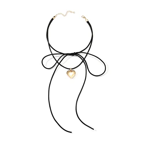 HUANIZI Elegante gewebte geknotete Schleife, verstellbare Halskette, Gold-Herz-Anhänger, Choker-Halskette für Damen, Neujahrsschmuck, as the pic show, Metall von HUANIZI