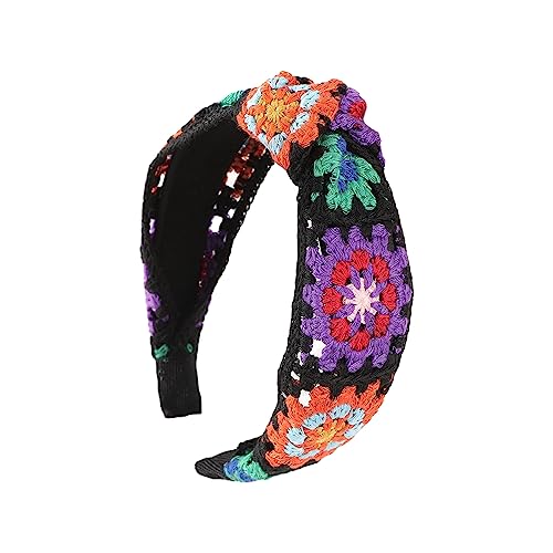 HUANIZI Gestricktes Stirnband für Damen, Stretch-Turban, Blumenmuster, gehäkelt, Oma-Quadrat, ethnischer Stil, zum Binden von HUANIZI