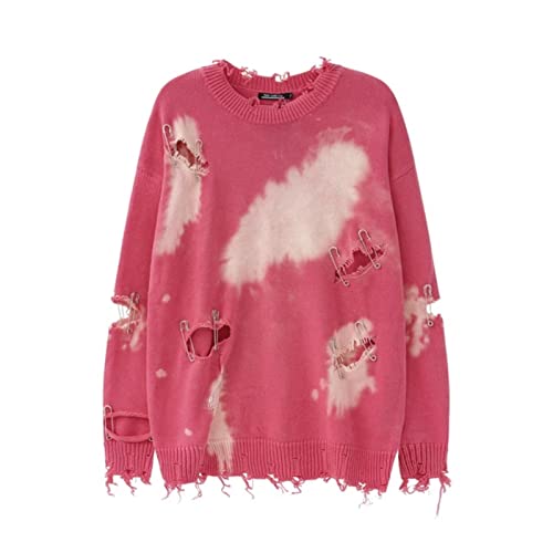 HUANLE Harajuku Brosche Ripped Hole Destroyed Patchwork Winter Pullover Männer und Damen Rundhals Ausgefranst Lässig Oversize Kleidung - Rosa, M von HUANLE