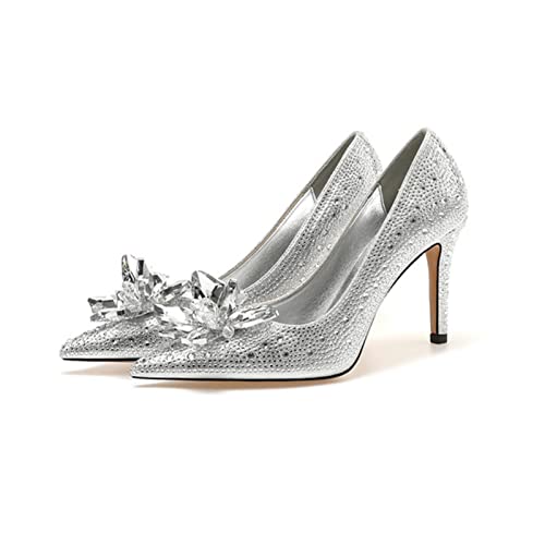 HUANLE High Heels Hochzeit Damen Schuhe Diamant Pumps Cinderella Kristall Schuhe Strass Spitze Zehen Glitzer Party Silber-Weiß Diamant 9 cm,39 von HUANLE