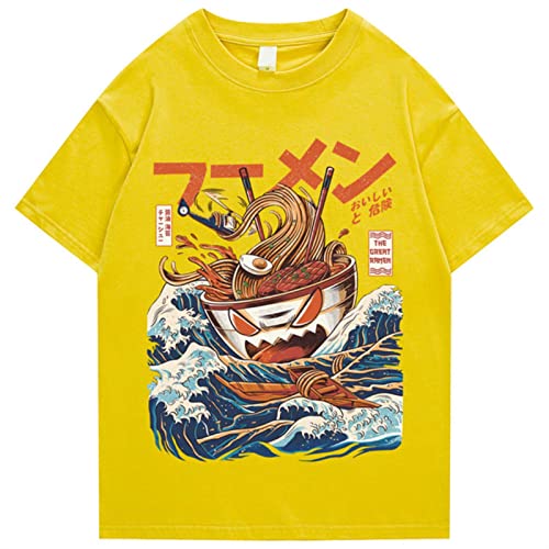 Japanisches Harajuku T-Shirt Herren 2022 Sommer Hip Hop T Shirts Nudelschiff Cartoon Streetwear T Shirts Kurzarm Casual Top Baumwolle Gelb, XL von HUANLE