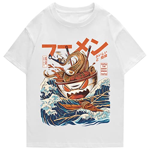 Japanisches Harajuku T-Shirt Männer 2022 Sommer Hip Hop T Shirts Nudel Schiff Cartoon Streetwear T Shirts Kurzarm Casual Top Baumwolle Weiß, XL von HUANLE