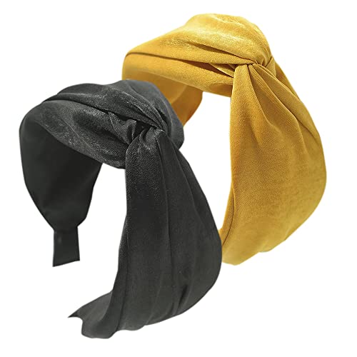 2PCS Stirnbänder für Frauen Haar Boho Stirnband Wrap Tie Mode Haartuch Fliege Haarschmuck Rutschfeste Stoff Haarbänder Breite Alice Haarbänder für Frauen Uk und Mädchen (YellowBlackDE) von HUANMAYE