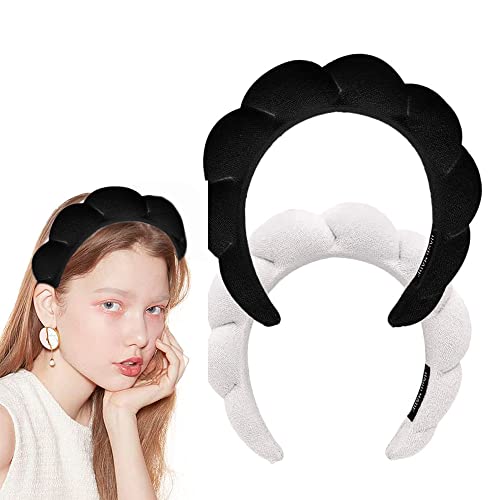 2Pcs Spa Gesichts-Stirnband Puffy Make-up Haarband für Frauen Dickes Handtuch Zubehör Stoff Rosa Kopftuch für Skincare Yoga Gesicht waschen Dusche (Black) von HUANMAYE