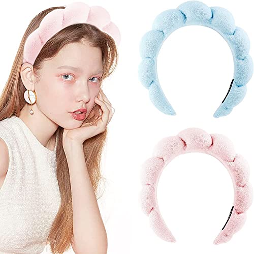 2Pcs Spa Gesichts-Stirnband Puffy Make-up Haarband für Frauen Dickes Handtuch Zubehör Stoff Rosa Kopftuch für Skincare Yoga Gesicht waschen Dusche (Pink) von HUANMAYE