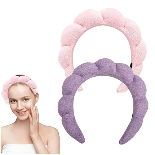 2Pcs Spa Gesichts-Stirnband Puffy Make-up Haarband für Frauen Dickes Handtuch Zubehör Stoff Rosa Kopftuch für Skincare Yoga Gesicht waschen Dusche (Purple) von HUANMAYE