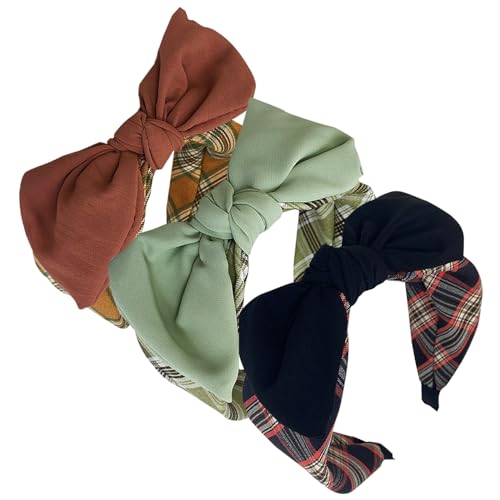 3Pcs Boho breite Stirnband Kaninchen Ohren Haar Bands Stoff rutschfest Kopfbedeckungen elastische Twist Haarreifen 1920er Jahre Zubehör für Frauen Mädchen (14APlaidEars) von HUANMAYE