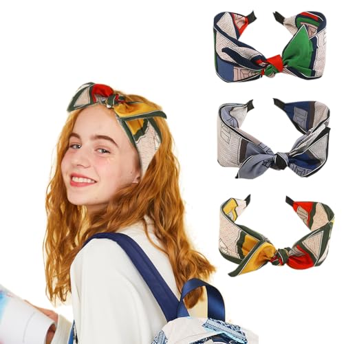 3Pcs Boho breite Stirnband Kaninchen Ohren Haar Bands Stoff rutschfest Kopfbedeckungen elastische Twist Haarreifen 1920er Jahre Zubehör für Frauen Mädchen (Bow headband) von HUANMAYE