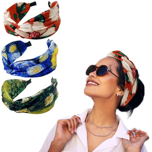 3Pcs Boho breite Stirnband Kaninchen Ohren Haar Bands Stoff rutschfest Kopfbedeckungen elastische Twist Haarreifen 1920er Jahre Zubehör für Frauen Mädchen (Sunflower headband) von HUANMAYE
